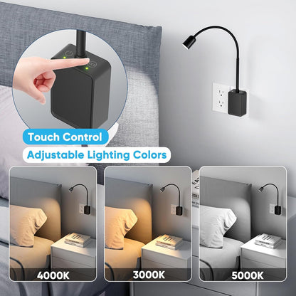 Plug in LED Book Reading Spot Light, White Dimmable Wall Sconce Lamp with Power Plug and Outlet Extender for Kitchen Bedroom Living Room, 3 Lighting Colors, USB Output Charging Ports