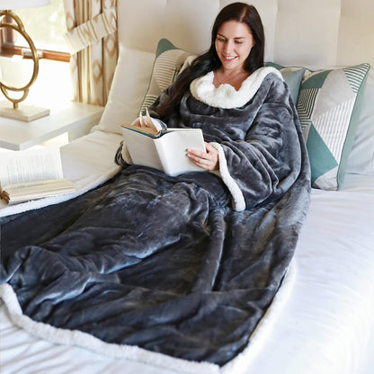 Catalonia Sherpa Wearable Blanket with Sleeves and Pocket for Adults