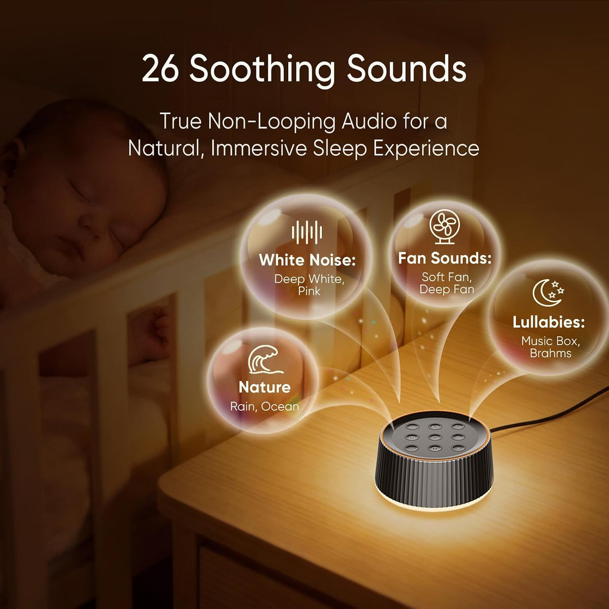 Noise Machine, White Noise Sound Machine for Baby & Adults, 26 Soothing Sounds, 8 Night Light Colors, Tap Control, 6 Timer Settings, Auto-Off & Memory, 4-7-8 Breathing (Black, Standar)