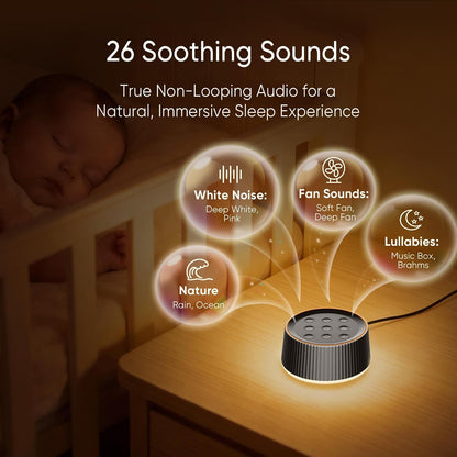 Noise Machine, White Noise Sound Machine for Baby & Adults, 26 Soothing Sounds, 8 Night Light Colors, Tap Control, 6 Timer Settings, Auto-Off & Memory, 4-7-8 Breathing (Black, Standar)