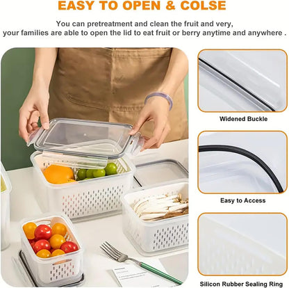3pcs 4 in 1 Fruit Storage Containers for Fridge with Removable Colanders | Airtight, stackable, keeps food fresh. Dishwasher safe. Berry, vegetable, produce basket, strainer, refrigerator keeper