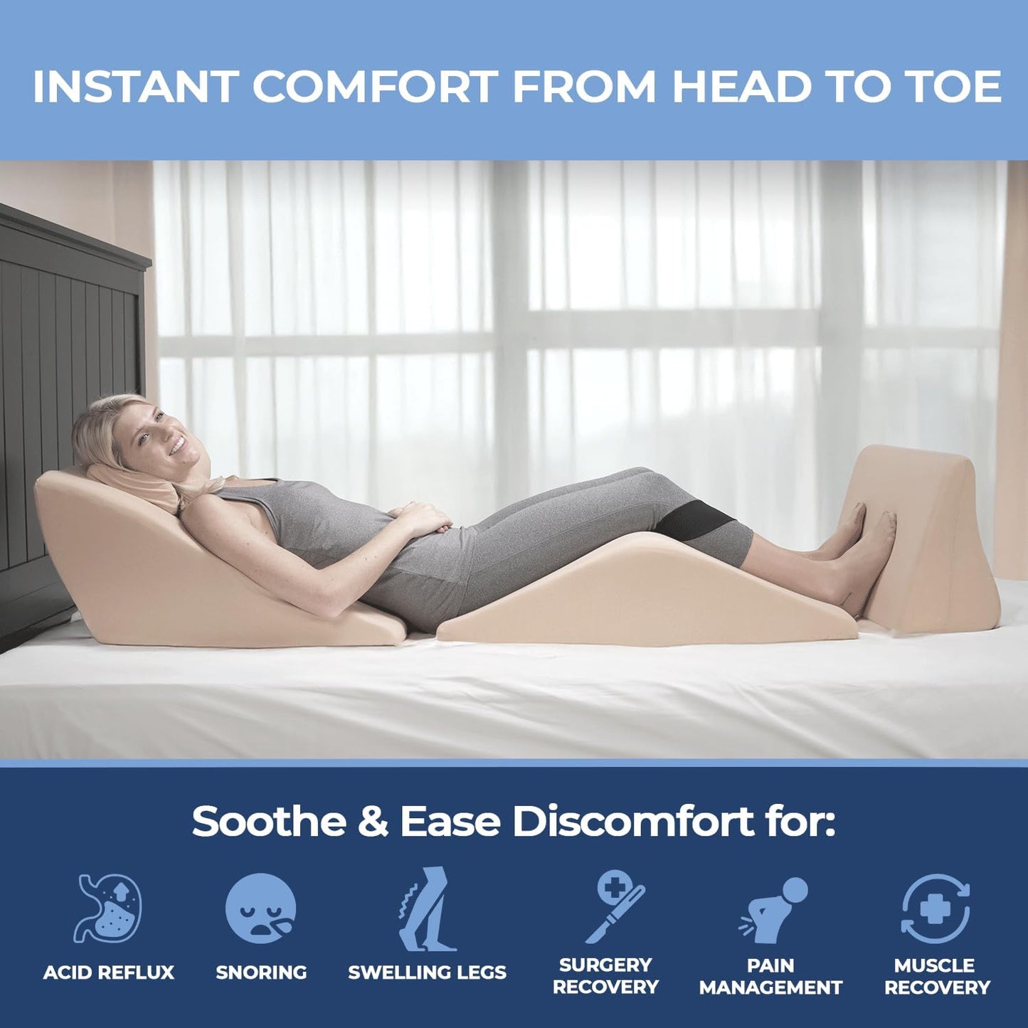 Contour BackMax - Foam Bed Wedge Sleep Support System + Neck Pillow - 4-Piece Full Body Support - Optimal Angle for Better Posture - Leg & Knee Elevation - 9-in-1 Adjustable Design - 20” Standard