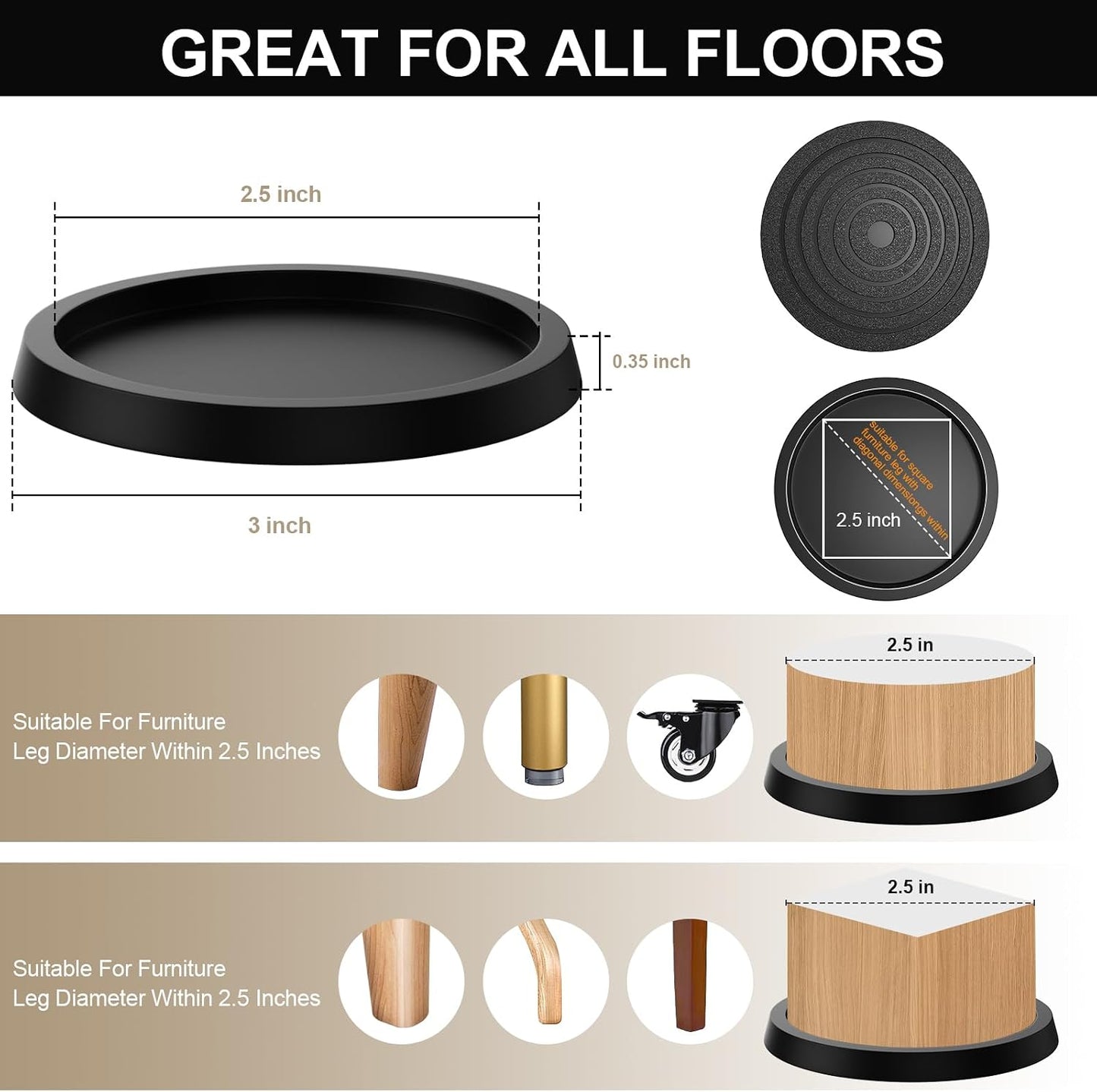 12Pcs 2.5in Furniture Coasters Non-Slip Bed Leg Pads Round Rubber Anti Sliding Caster Cups for Hardwood Floors Brown