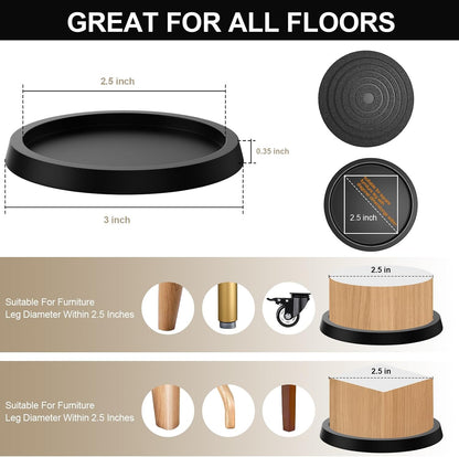 12Pcs 2.5in Furniture Coasters Non-Slip Bed Leg Pads Round Rubber Anti Sliding Caster Cups for Hardwood Floors Brown