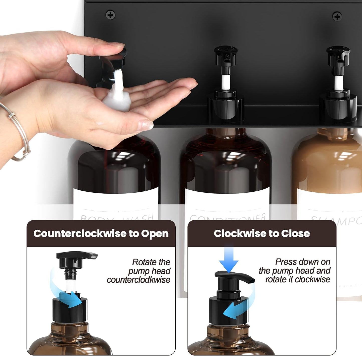 Shampoo and Conditioner Dispenser, Soap Dispenser Wall Mounted, 25.36 fl oz Set of 3 Amber Plastic Bottles Black Pump, Shower Soap Bottles Refillable with Labels for Bathroom