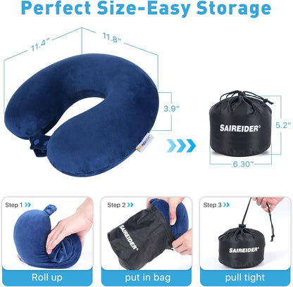 SAIREIDER Travel Pillow 100% Pure Memory Foam Travel Neck Pillow, Airplane Pillow for Traveling、Car、Home、Office，Washable Cover（Black）