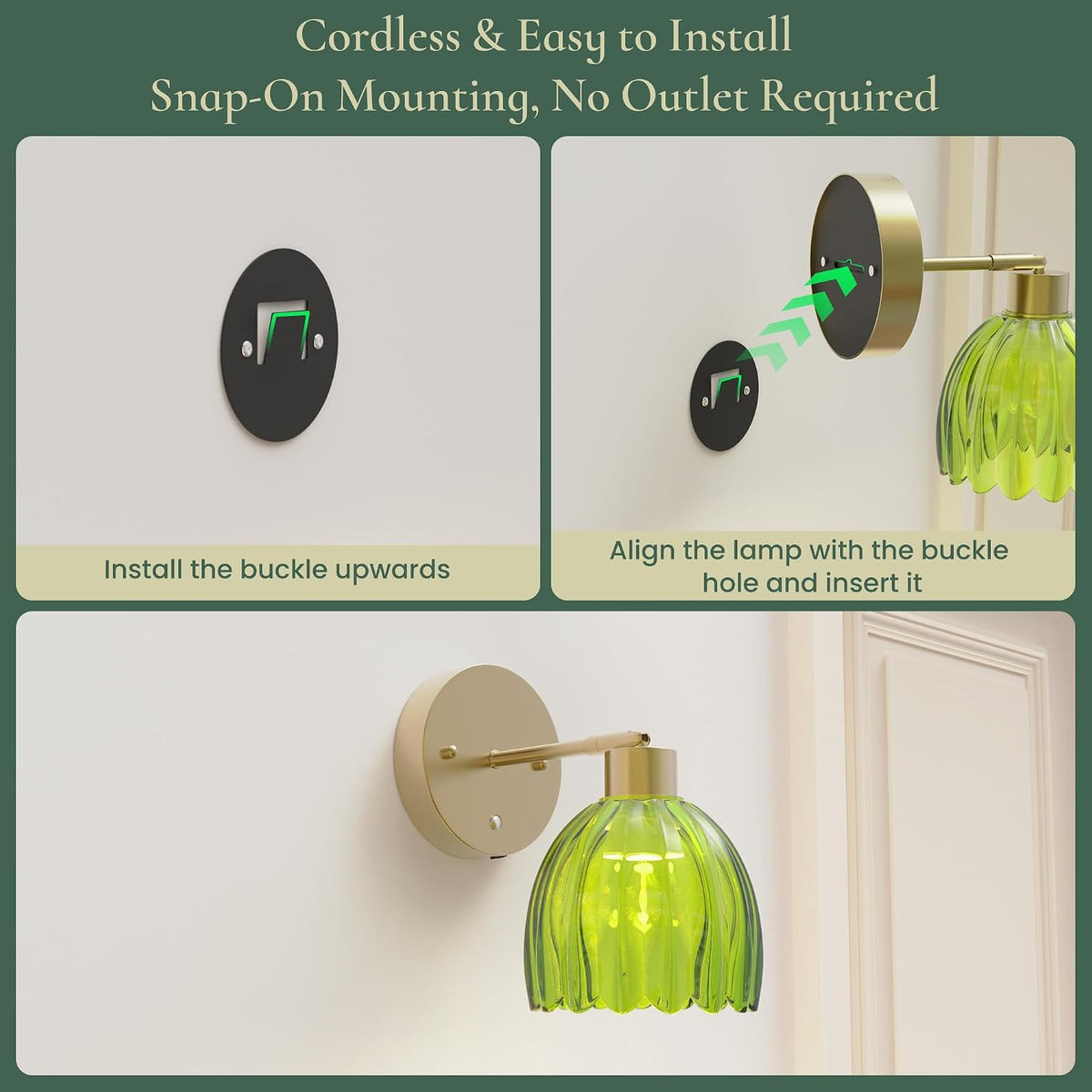 Battery Operated Wall Sconces, Rechargeable Green Glass Shades, Set of 2