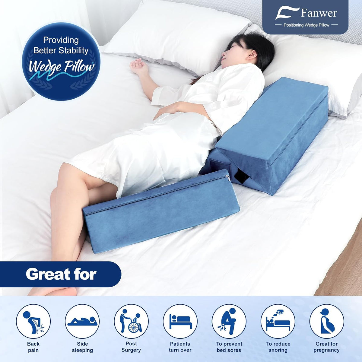 Fanwer Positioning Wedge Pillow for Side Sleeping (3 in 1), 40 Degree Triangle Bed Wedges & Body Positioners for Back Pain, Preventing Bedsores, After Surgery, Knees Elevated, Pregnancy