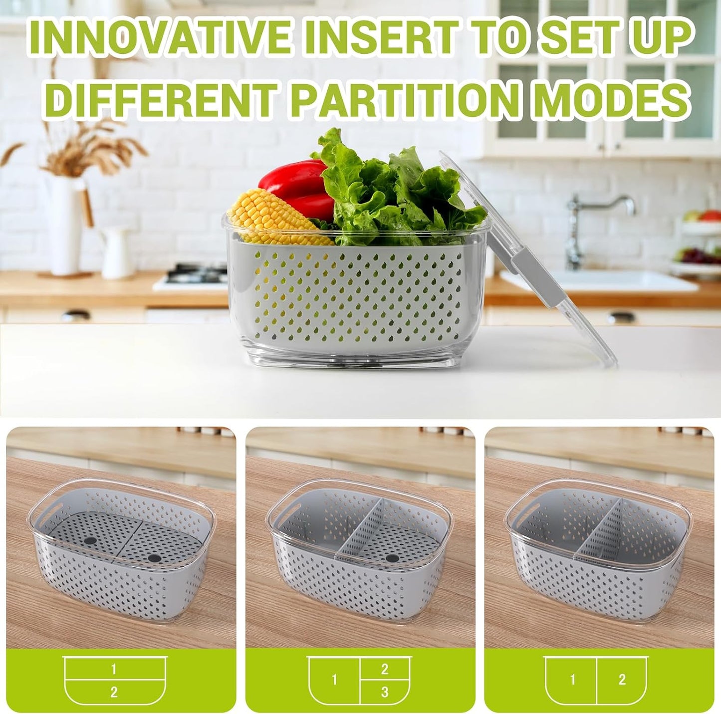 LUXEAR Fresh Produce Vegetable Fruit Storage Containers 3Piece Set, BPA-free, Partitioned Salad Container, Fridge Organizers, Used in Storing Fruits Vegetables, White