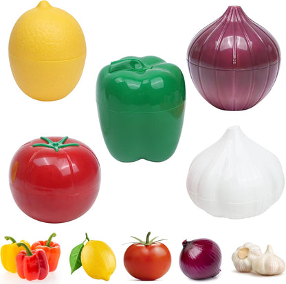 5 Pcs Vegetable Keeper for Refrigerator, Tomato Onion Storage Container, Garlic Pepper Lemon Fridge Saver Holder, Fruit Food Kitchen Box with Lid, Reusable Veggie Lime Fresh Organizer BPA Free