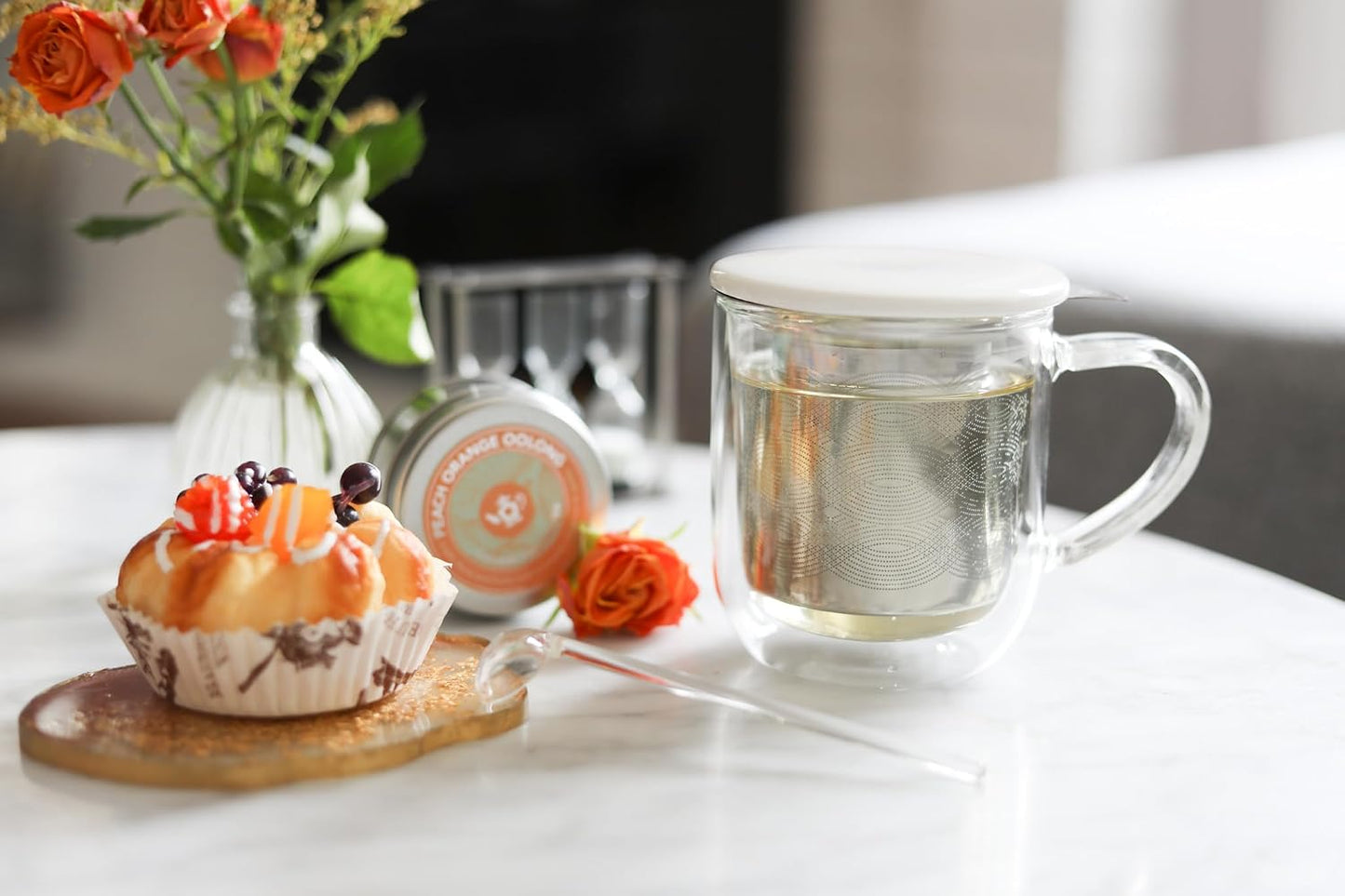 Teabloom Tea-For-One Steeping Mug – Insulated Double Wall Glass Mug (12 oz), Stainless Steel Infuser, Porcelain Lid/Coaster – Great For Brewing Loose Leaf Tea