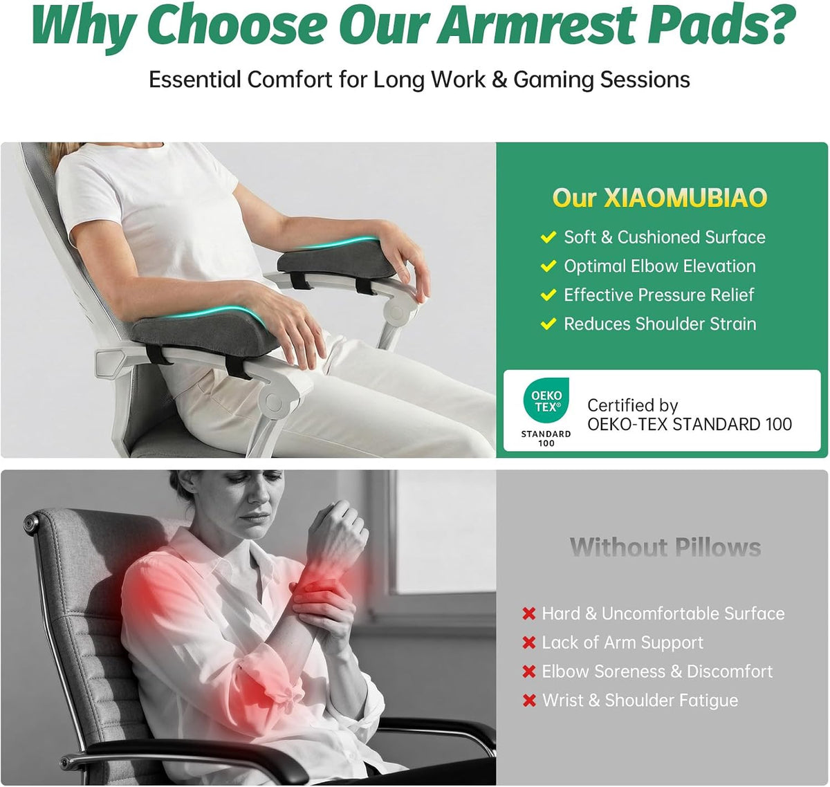 Set of 2 Memory Foam Arm Rest Cushion, Chair Arm Pads Support Pads, Elbow Pressure Relief Cushion for Office Desk & Gaming Chair, Non‑Slip Secure Straps, Removable Washable Cover