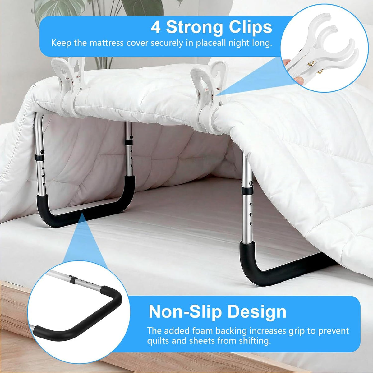 Blanket Lifter for Feet, Non-Slip Blanket Lifters for Foot of Bed, Adjustable Height with 4 Clips, Aluminum Bed Cradle for Feet Legs Ankles, Sleep Comfort & Surgery Recovery - Easy Assembly