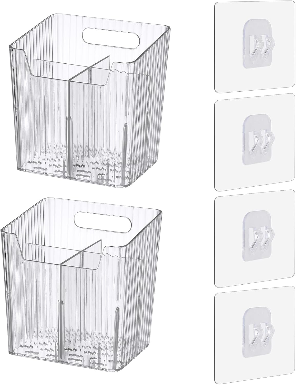 Lae Nuvole 2Pcs Storage Organizer Bins, Wall Shower Toothbrush Caddy, Clear | with Dividers & 4 Adhesive Pads, No Drill, Renter Friendly, BPA-Free PET, Fits Bathroom, Apartment, RVs, Cabinet/Pantry Door