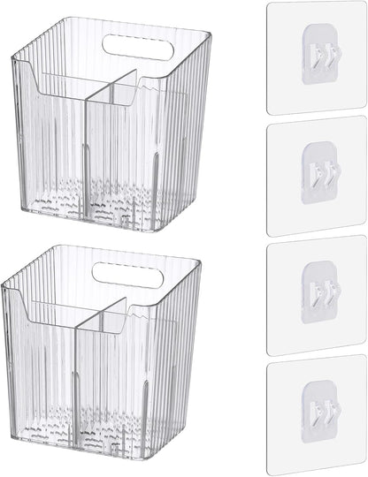 Lae Nuvole 2Pcs Storage Organizer Bins, Wall Shower Toothbrush Caddy, Clear | with Dividers & 4 Adhesive Pads, No Drill, Renter Friendly, BPA-Free PET, Fits Bathroom, Apartment, RVs, Cabinet/Pantry Door