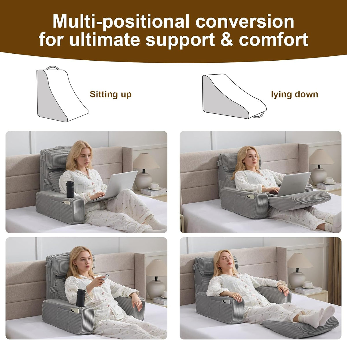 Reading Pillow for Sitting in Bed Adult, Back Pillow for Bed Sitting up with Arms, Pockets and Cup holder, Sit Up Backrest Pillows for Beds Chair Support, Rest Pillow for Gaming (Light gray)