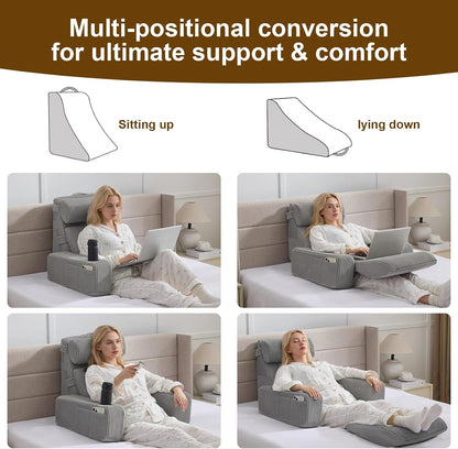 Reading Pillow for Sitting in Bed Adult, Back Pillow for Bed Sitting up with Arms, Pockets and Cup holder, Sit Up Backrest Pillows for Beds Chair Support, Rest Pillow for Gaming (Light gray)