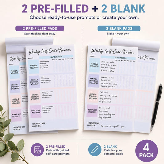 4 Pack Self Care Weekly Tracker Notepads (2 Blank + 2 Guided), 6 ''x 9''