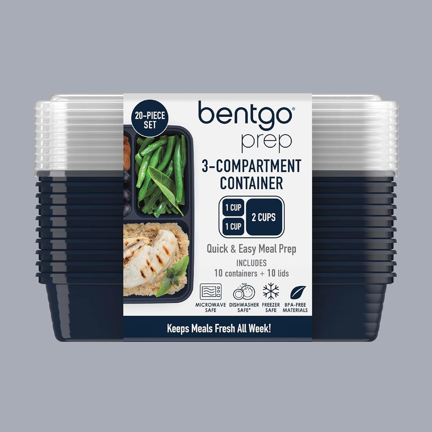 Bentgo Prep 3-Compartment Meal Prep Containers with Lids, 20 Piece Set | 4-Cup Capacity, Portion Control, Stackable, Microwave, Freezer & Dishwasher-Safe, PFAS & BPA-Free (Navy Blue)