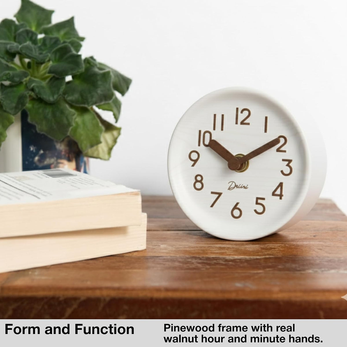 Driini Small, Silent Wooden Analog Desk Clock for Shelf or Table, Dark