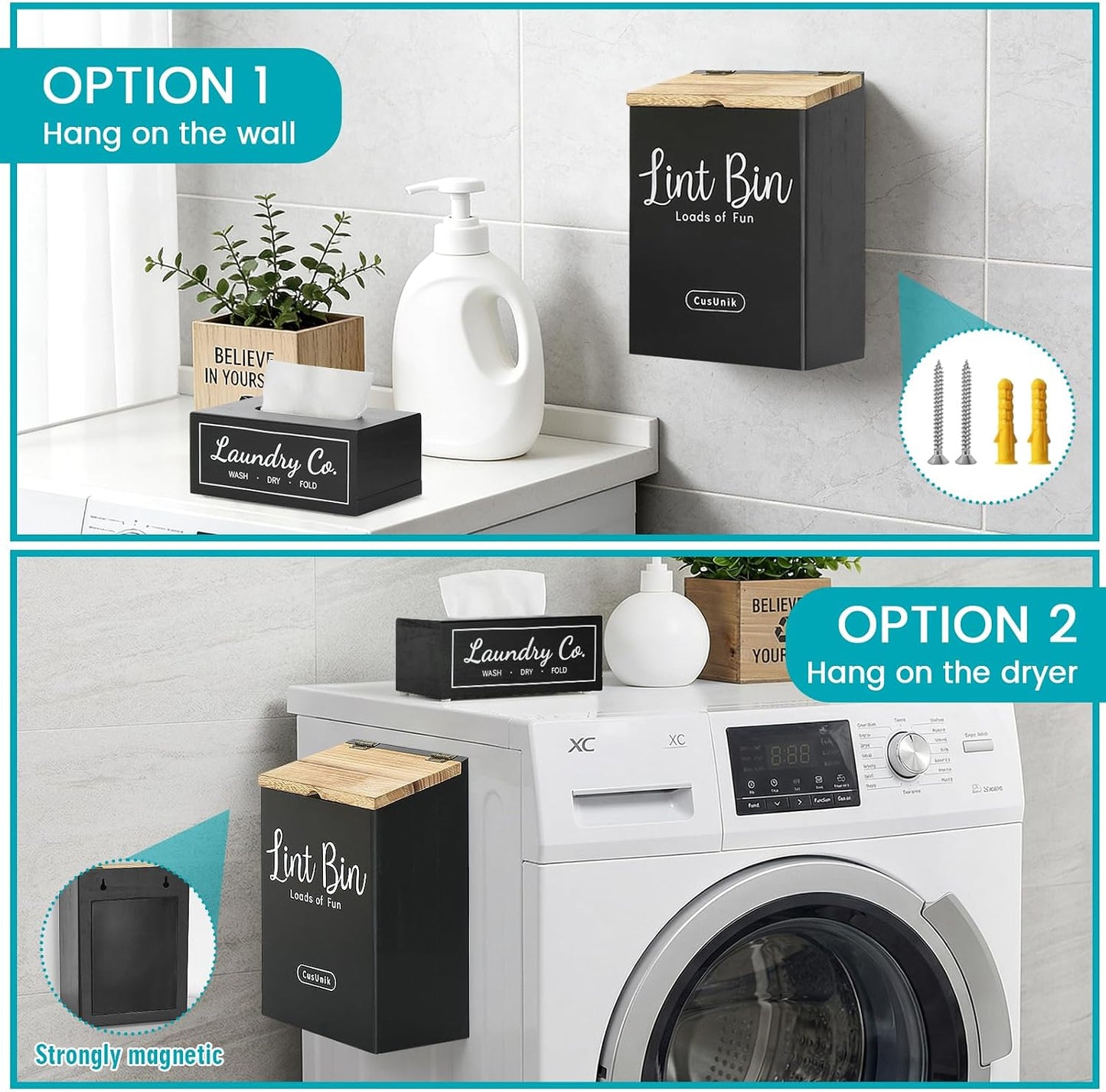 Magnetic Lint Bin and Dryer Sheet Holder Set for Laundry Room Organization | Wall Mounted Laundry Organization and Storage,Wooden Lint Trash Can with Lid and dryer sheet dispenser,Laundry Room Trash Can