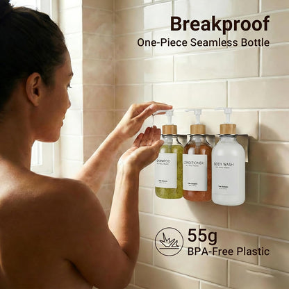 Shampoo and Conditioner Dispenser - Shower Soap Dispenser 3 Chamber No Drill - Bathroom Soap Dispenser Wall Mount Adhesive - Clear PET Bottles with Nature Bamboo Pumps Set Refillable 1500ml
