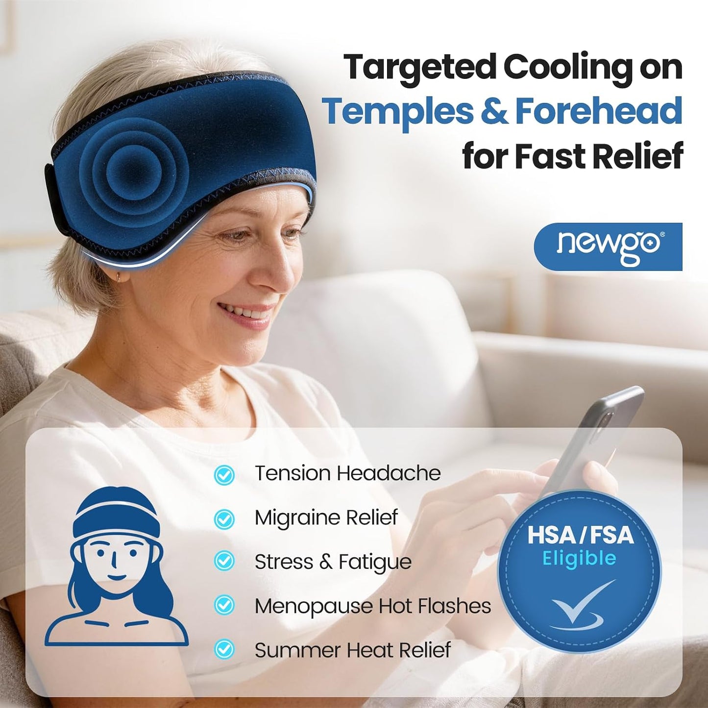 NEWGO Headache Ice Pack Head Wrap for Migraines, FSA Eligible | Reusable Head Ice Wrap, Removable Machine Washable, Soothes Tension Headaches, Sinus Pain, Chemo Discomfort, and Hot Flash