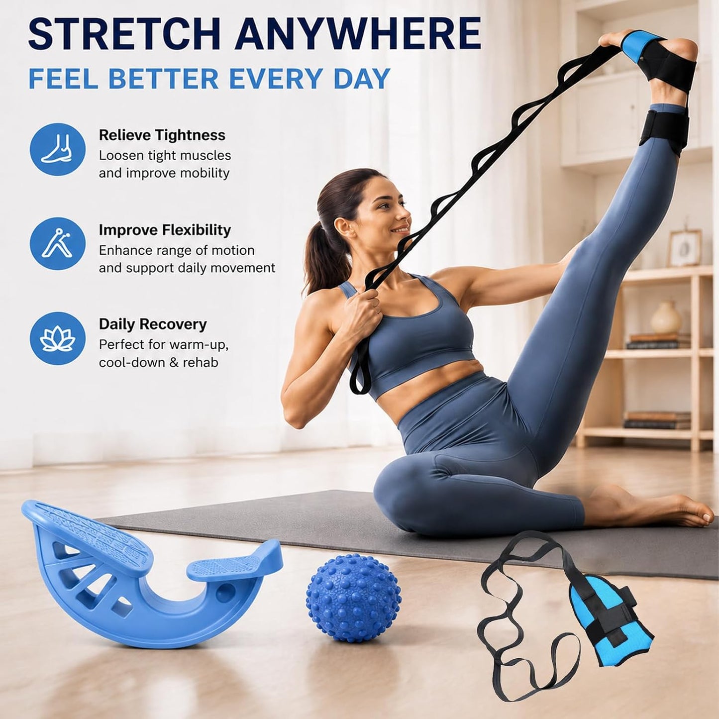 3-in-1 Calf Stretcher & Foot Rocker Kit, Portable Physical Therapy Tool with Leg Stretch Strap & Foot Massage Ball, Relief for Plantar Fasciitis, Achilles Tendonitis, Heel Pain, Yoga, Running