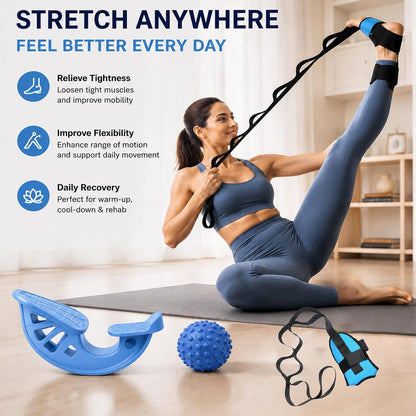 3-in-1 Calf Stretcher & Foot Rocker Kit, Portable Physical Therapy Tool with Leg Stretch Strap & Foot Massage Ball, Relief for Plantar Fasciitis, Achilles Tendonitis, Heel Pain, Yoga, Running
