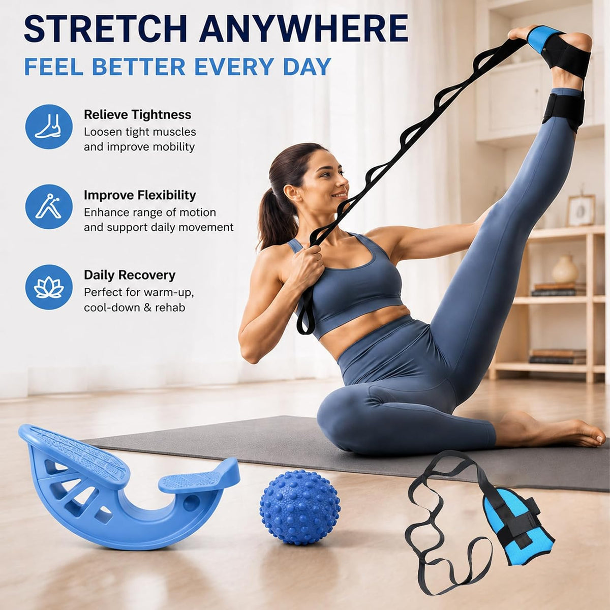 3-in-1 Calf Stretcher & Foot Rocker Kit, Portable Physical Therapy Tool with Leg Stretch Strap & Foot Massage Ball, Relief for Plantar Fasciitis, Achilles Tendonitis, Heel Pain, Yoga, Running