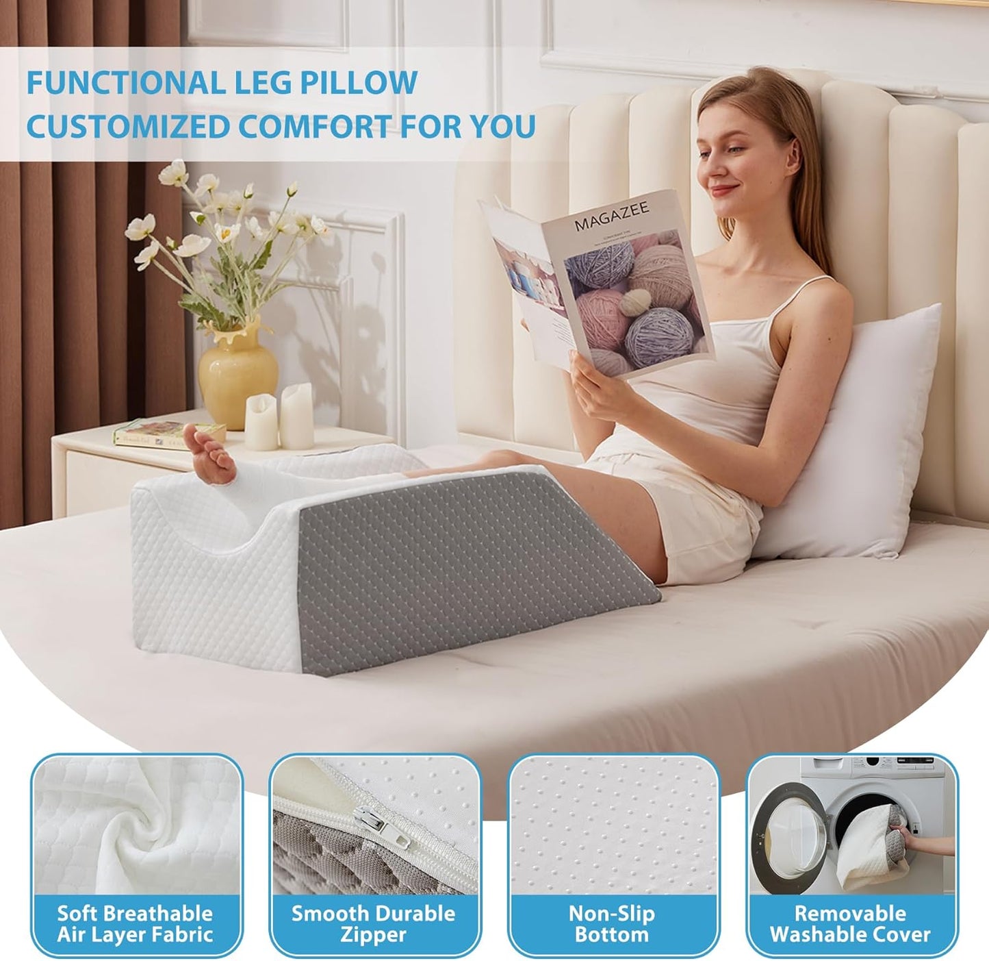 MEGCXIT Leg Pillow Elevation Blood Circulation, Wedge Pillow for Legs Swelling, Knee Pillow Wedge Post Surgery, Leg Elevation Pillows for After Surgery, Memory Foam Foot Leg Elevating Pillow, Grey