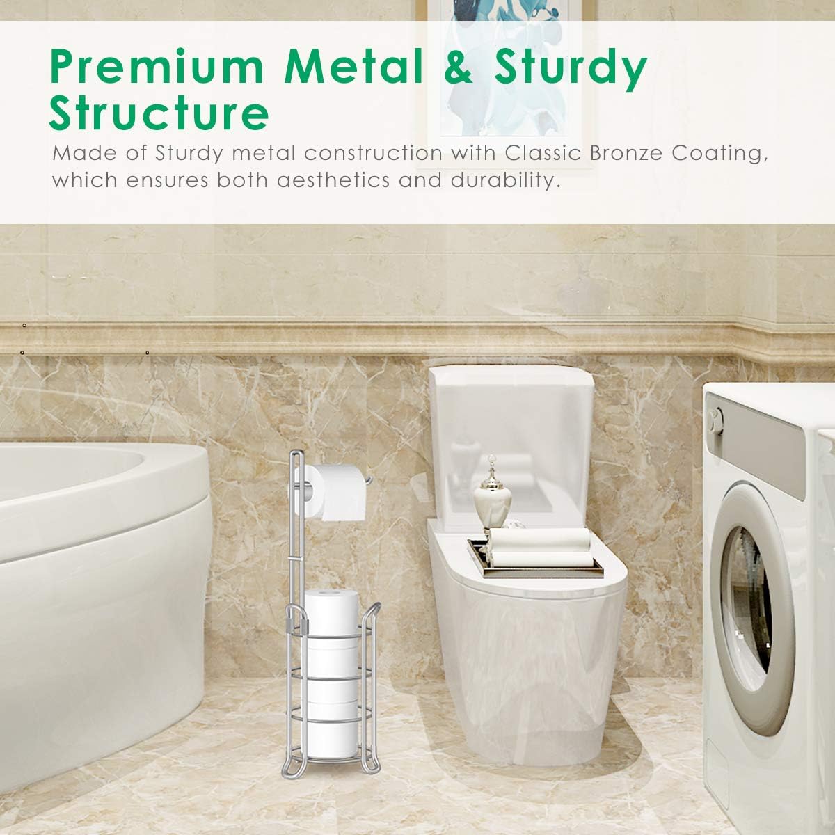 TomCare Toilet Paper Holder Free Standing with Shelf, Stable 4 Raised Feet | Stores 4 Mega Rolls, Tool-Free Assembly, Powder-Coated Metal Frame, Bathroom Storage Organizer for Spare Rolls, Silver