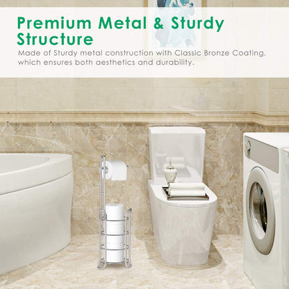 TomCare Toilet Paper Holder Free Standing with Shelf, Stable 4 Raised Feet | Stores 4 Mega Rolls, Tool-Free Assembly, Powder-Coated Metal Frame, Bathroom Storage Organizer for Spare Rolls, Silver