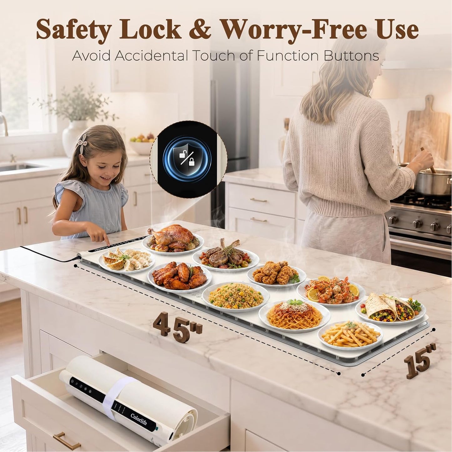 Warming Mat for Food, Electric Warming Tray with Heat-Resistant Pad-L Grey | Colorlife 6 Preset Modes, 7 Temps, 6H Timer, Child Lock, Auto-Memory, Rollable Silicone Food Warmer for Buffet, Parties