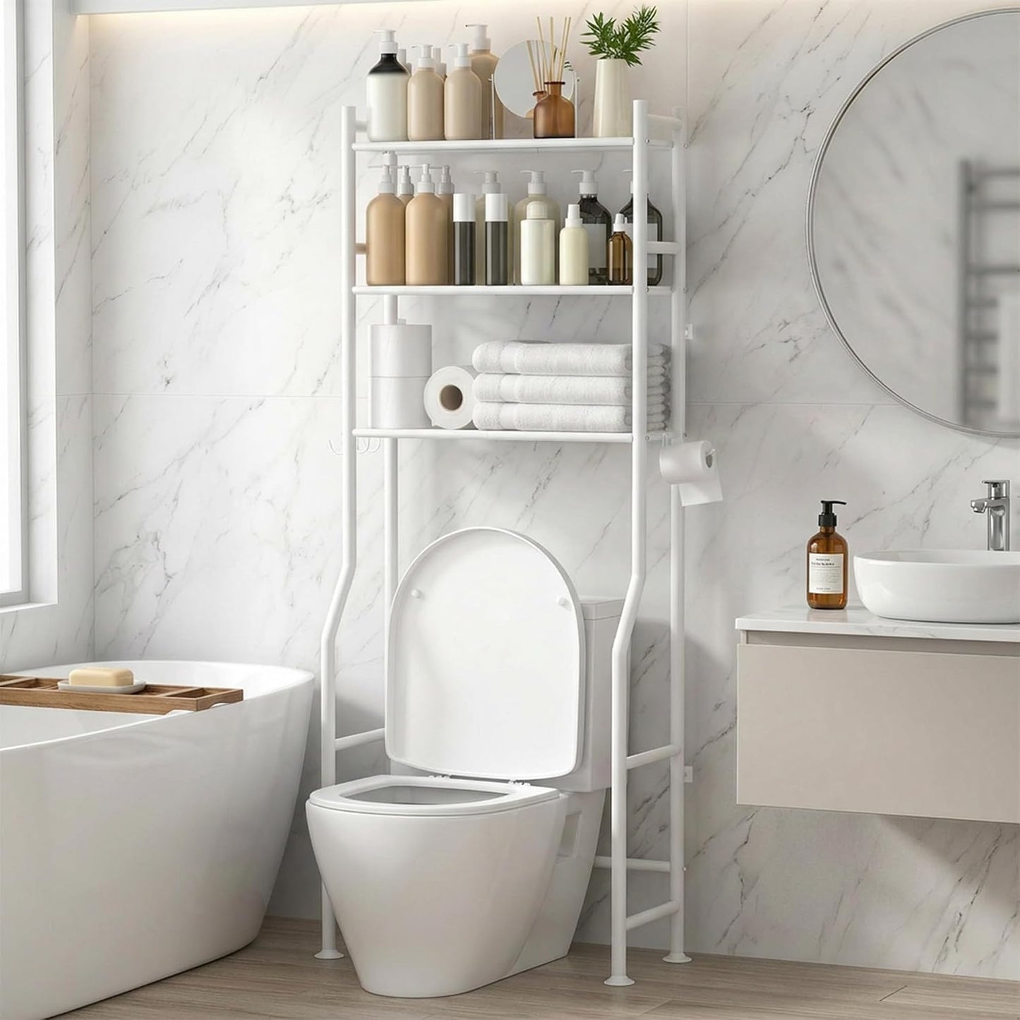 GloTika 3-Tier Over Toilet Storage, Anti-Tilt, 64" H, Black | Anti-Tilt Safety System, 150lb Capacity, Carbon Steel, Freestanding, No Drilling, Anti-Rust Coating, Paper Holder & 4 Hooks