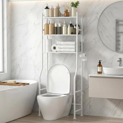 GloTika 3-Tier Over Toilet Storage, Anti-Tilt, 64" H, Black | Anti-Tilt Safety System, 150lb Capacity, Carbon Steel, Freestanding, No Drilling, Anti-Rust Coating, Paper Holder & 4 Hooks