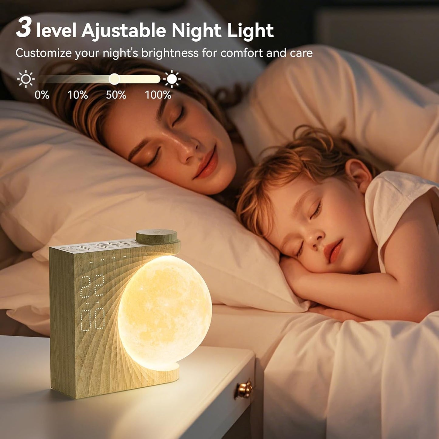 RETEYUNG Rotatable Moonlight Sunrise Alarm Clock,Sound Machines, Night Lamp for Bedrooms with Snooze, 10 Light Effects, 30/60/90 Timer, 10 Sleep Nature Sounds,15 Ringtones,12 Volume(Light Woodgrain)
