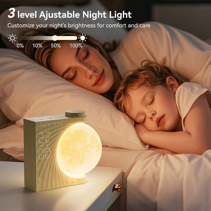 RETEYUNG Rotatable Moonlight Sunrise Alarm Clock,Sound Machines, Night Lamp for Bedrooms with Snooze, 10 Light Effects, 30/60/90 Timer, 10 Sleep Nature Sounds,15 Ringtones,12 Volume(Light Woodgrain)