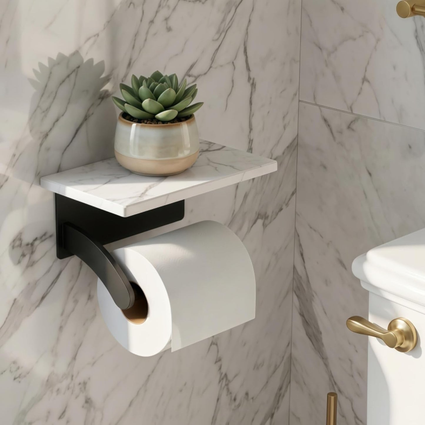 FORIOUS Toilet Paper Holder with Shelf, Natural Marble, Commercial | Brushed Nickel, Wall Mount 304 Stainless Steel Commercial Bathroom Tissue Roll Dispenser, Heavy Duty Washroom Paper Storage