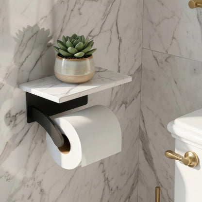 FORIOUS Toilet Paper Holder with Shelf, Natural Marble, Commercial | Brushed Nickel, Wall Mount 304 Stainless Steel Commercial Bathroom Tissue Roll Dispenser, Heavy Duty Washroom Paper Storage