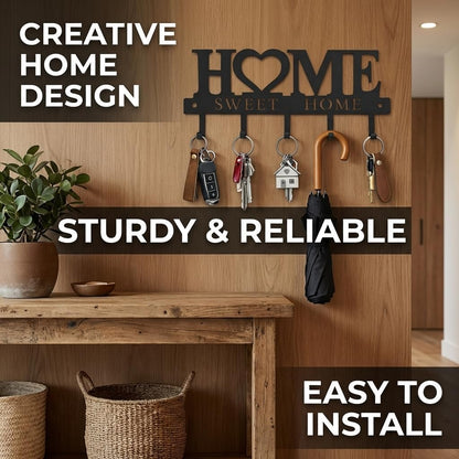Key Holder Hooks Organizer Shelf Hanger Rack Wall Mounted Sweet Home Metal Decor Stylish and Practical for Entryway Front Door Kitchen Hallway Garage Mudroom Office Hardware Included Black