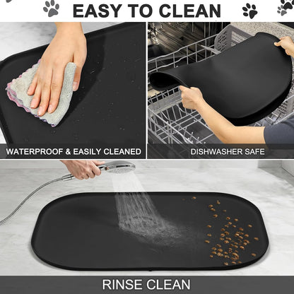 SMILOOL Waterproof Silicone Pet Food Mat with Raised Edge for Dog & Cat | 19" x 12" Non-Slip Pet Feeding Mats with Lip for Food & Water Bowl, Food Grade, Easy Cleaning, Black