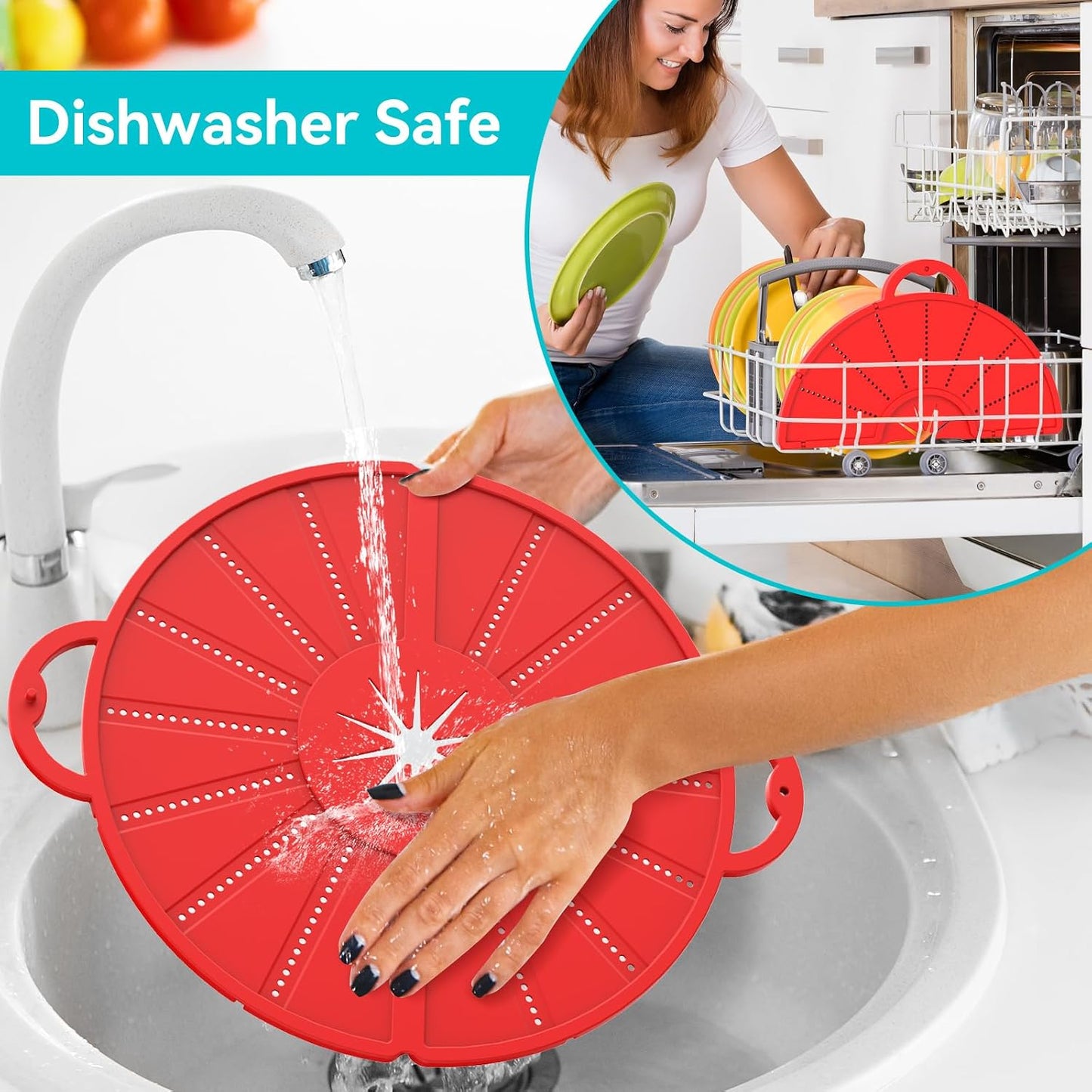 Foldable Silicone Splatter Screen for 10-13'' Pans with Handle,Red| Foldable Splash Guard, Multi-Use Grease Splatter Guard/Trivet Mat,Non-Stick Oil Splatter Guard,BPA-Free,Dishwasher Safe