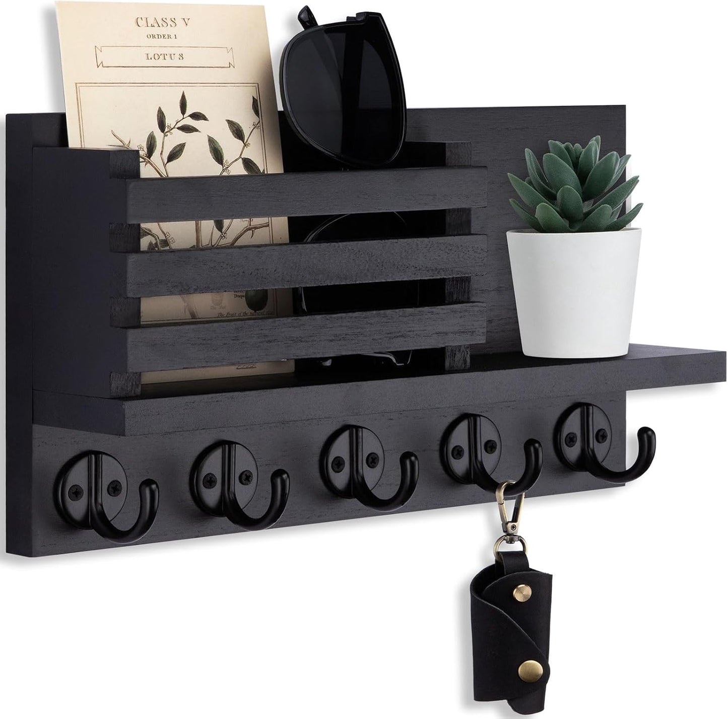 Lwenki Key Holder for Wall – Decorative Wooden Mail Holder and Key Shelf with Mounting Hardware, Installation Guide – Paulownia Wood with Metal Key Hooks (Black, Large - 11.8inch)