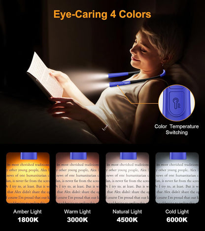 Gritin Book Light, Eye Caring 4-Color&5-Brightness Neck Light Reading Light | Stepless Dimming, 30-min Timer, 80+ Hrs Runtime, Bendable Round Neck Design, Lightweight for Reading, Knitting, Repairing