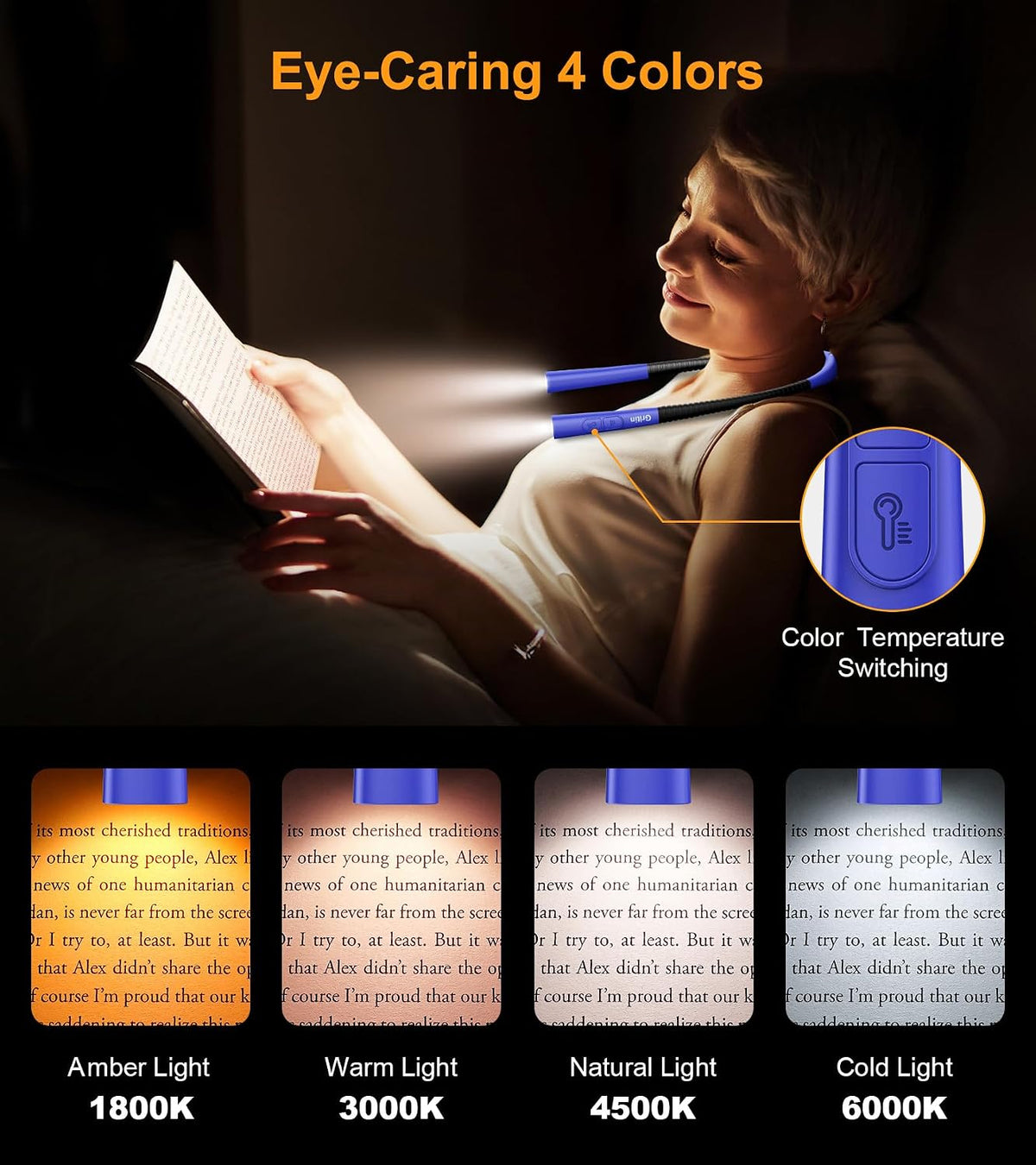 Gritin Book Light,Eye Caring 3 Colors & Stepless Dimming Neck Reading Light