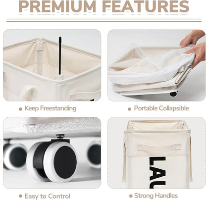 CHICVITA 75L Large Rolling Laundry Basket with Wheels & Wash Bag, Grey | Collapsible design saves space for corner dorms. Removable wash bag for easy laundry transport