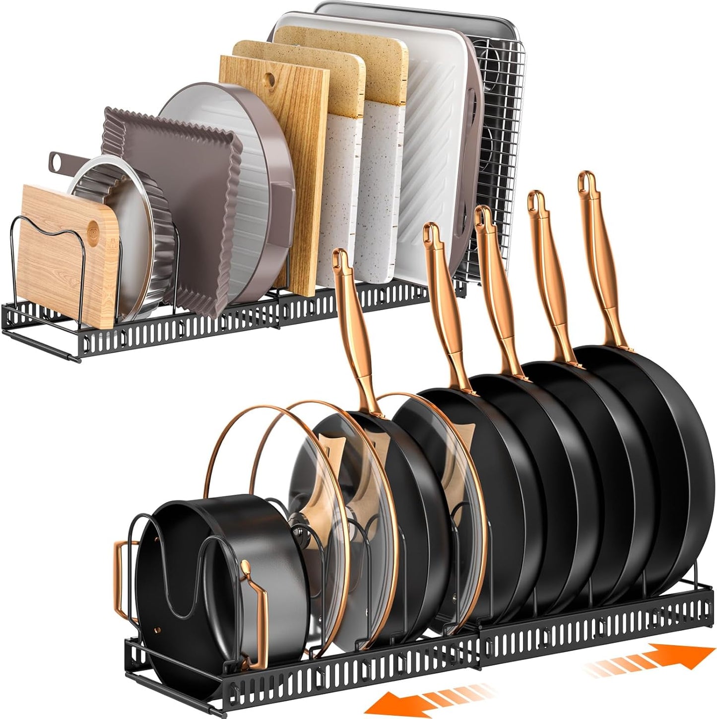 MUDEELA Expandable Pot Pan Lid Organizers inside Cabinet, 10 Divider-Black | Expandable 11.8–22.9", 10 Adjustable Divider, Tool-Free Assembly, Non-Slip, Scratch-Proof, For Pan Lid Cutting Board Bakeware