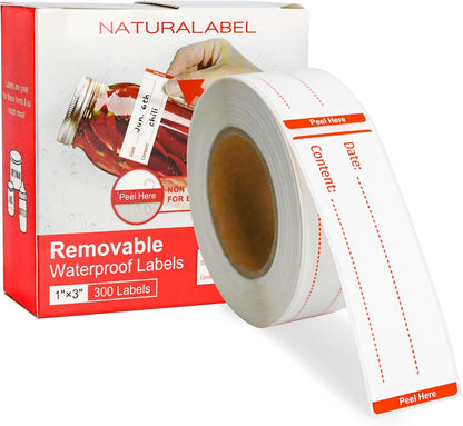 Removable Freezer Labels with Dispenser, 1" x 3", 1 Box (Red) | Writable, remove no residue, waterproof & oilproof, easy peel-off design, 300 labels per box, for meal prep containers