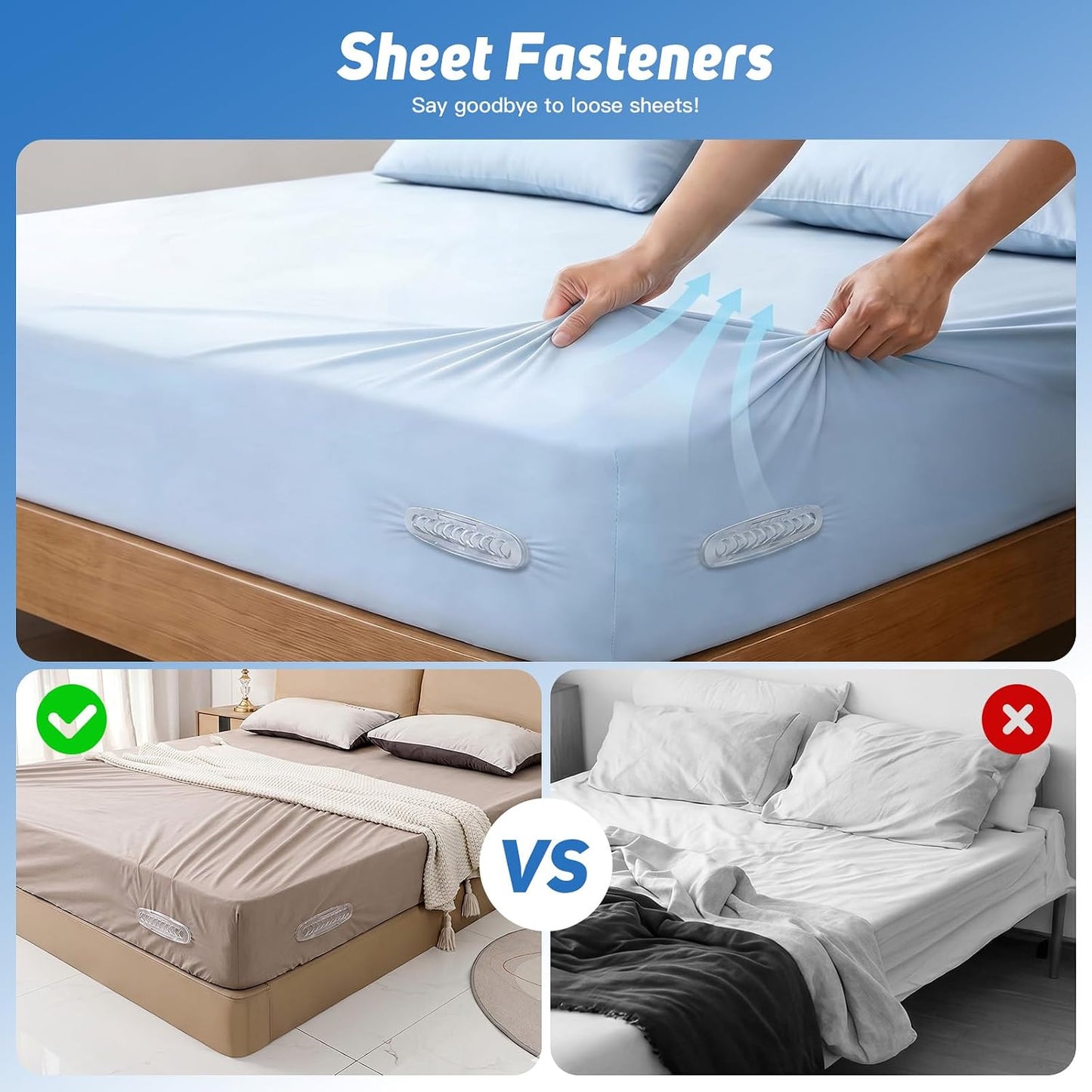 FACIACC 4Pcs Bed Sheet Holder for Corners, Upgrade Fitted Sheet Holder | with Lock Strips, 2Pcs Non-Slip Sheet Clips, Keep Sheets Firm & Tight Fitted All Mattress Sizes Easy Installation